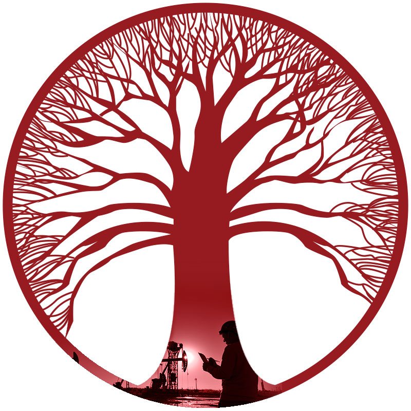 oil landman working in the field in front of pump jack within red tree symbol of redoaks logo diversiture asset advisors redoaks in texas